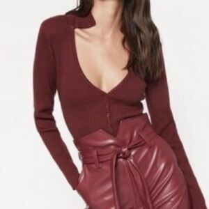 Bardot Collar Burgundy Knit Bodysuit Size Small New Vneck Longsleeve